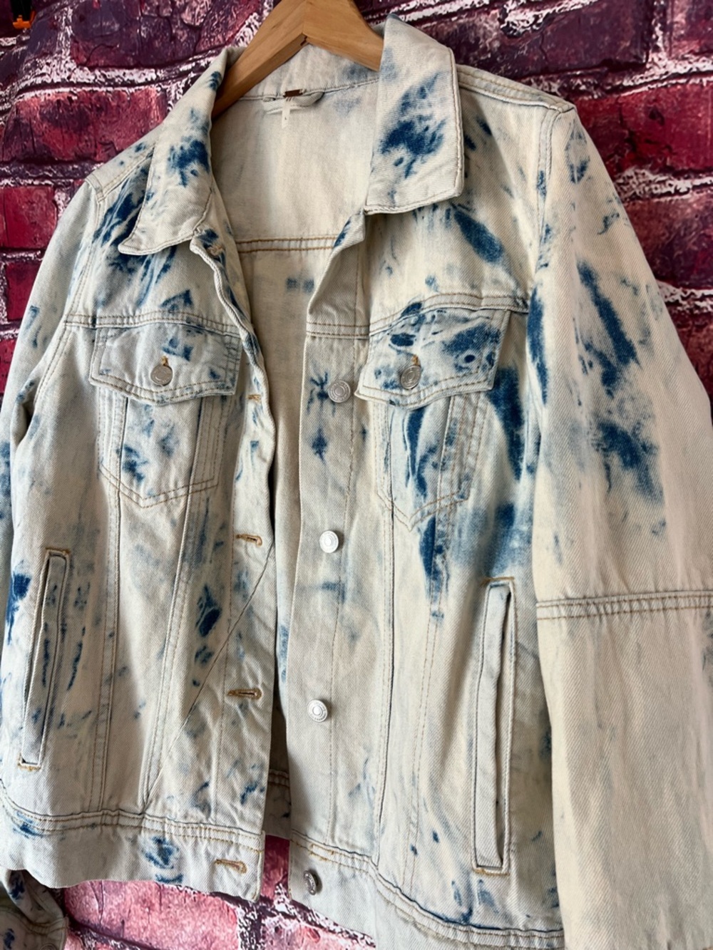 Free People Bleached Denim Jacket with Blue Tie-Dye Spots - Picture 2 of 5